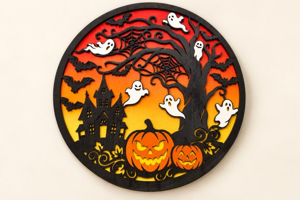 Round layered Halloween decoration with a haunted house, ghosts, bats and orange pumpkins