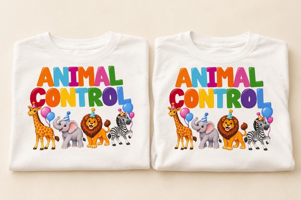 Two white custom Animal Control shirts with colorful lettering and birthday safari animals
